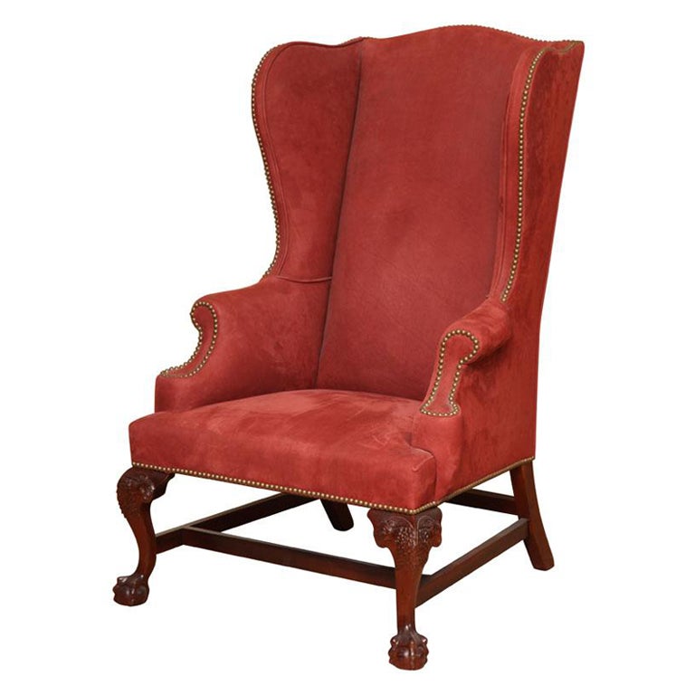 Chippendale Style Mahogany Wing Chair w/ Carved Ball & Claw Legs Brass Nail Trim