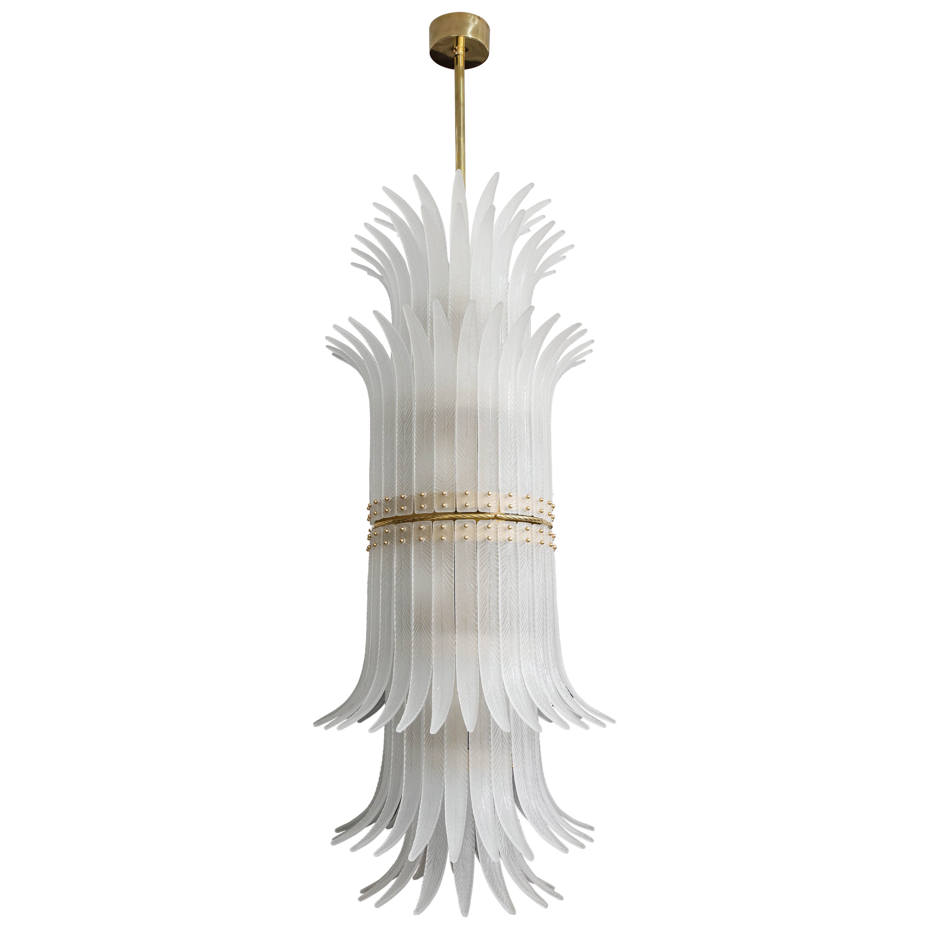 Tall White Frosted Murano Glass "Piume" or Feathers Chandelier with Brass, Italy For Sale