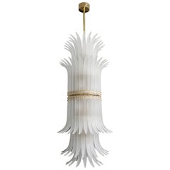 Tall White Frosted Murano Glass "Piume" or Feathers Chandelier with Brass, Italy