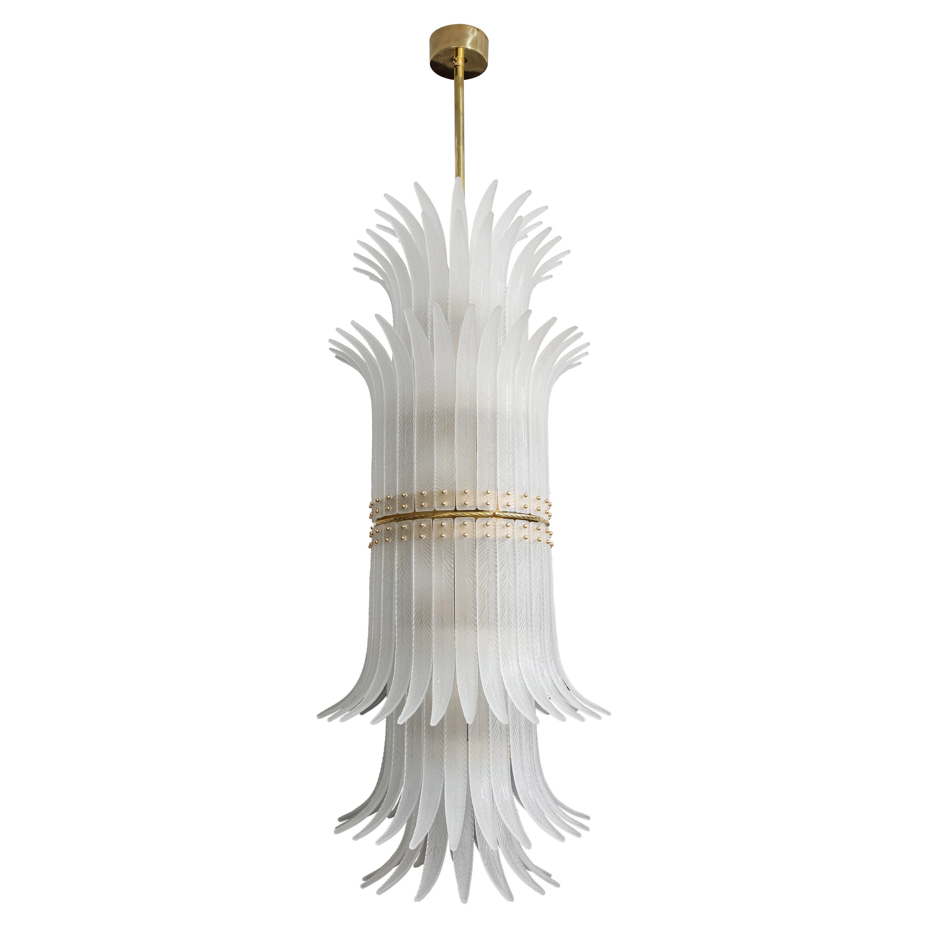 Tall White Frosted Murano Glass "Piume" or Feathers Chandelier with Brass, Italy
