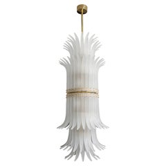 Tall White Frosted Murano Glass "Piume" or Feathers Chandelier with Brass, Italy