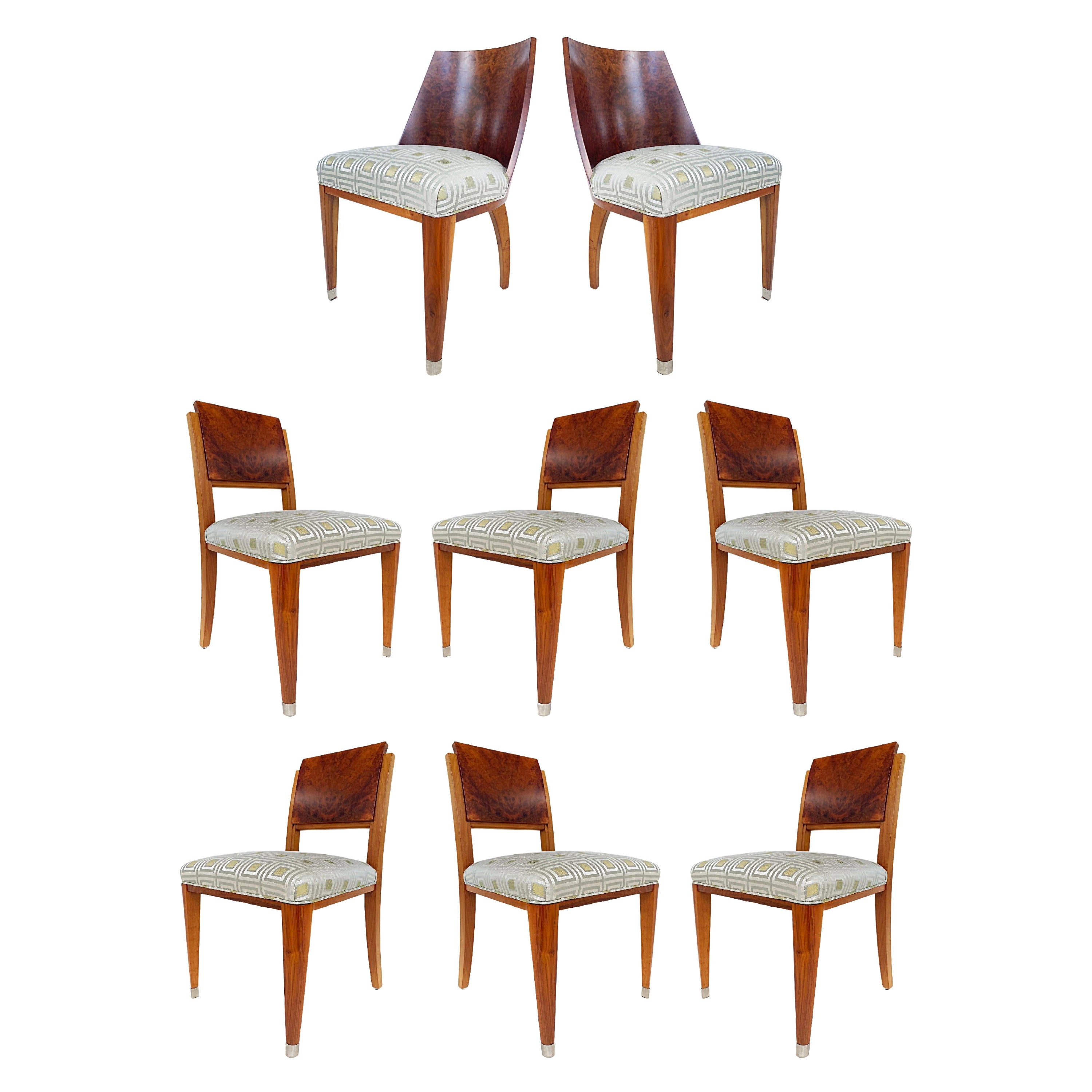 Rinck Paris French Art Deco Burlwood Dining Chairs, Set of 8, circa 1930