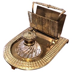 Handsome 19th Century English Brass Deskstand with Baccarat Swirl Inkwell