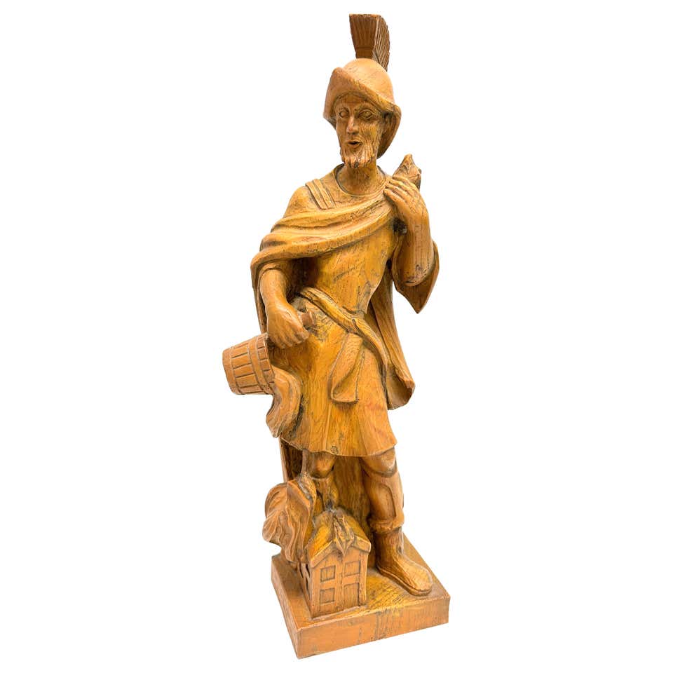 Folk Art 20th Century Carved Wood Figure Sculpture of Saint Florian