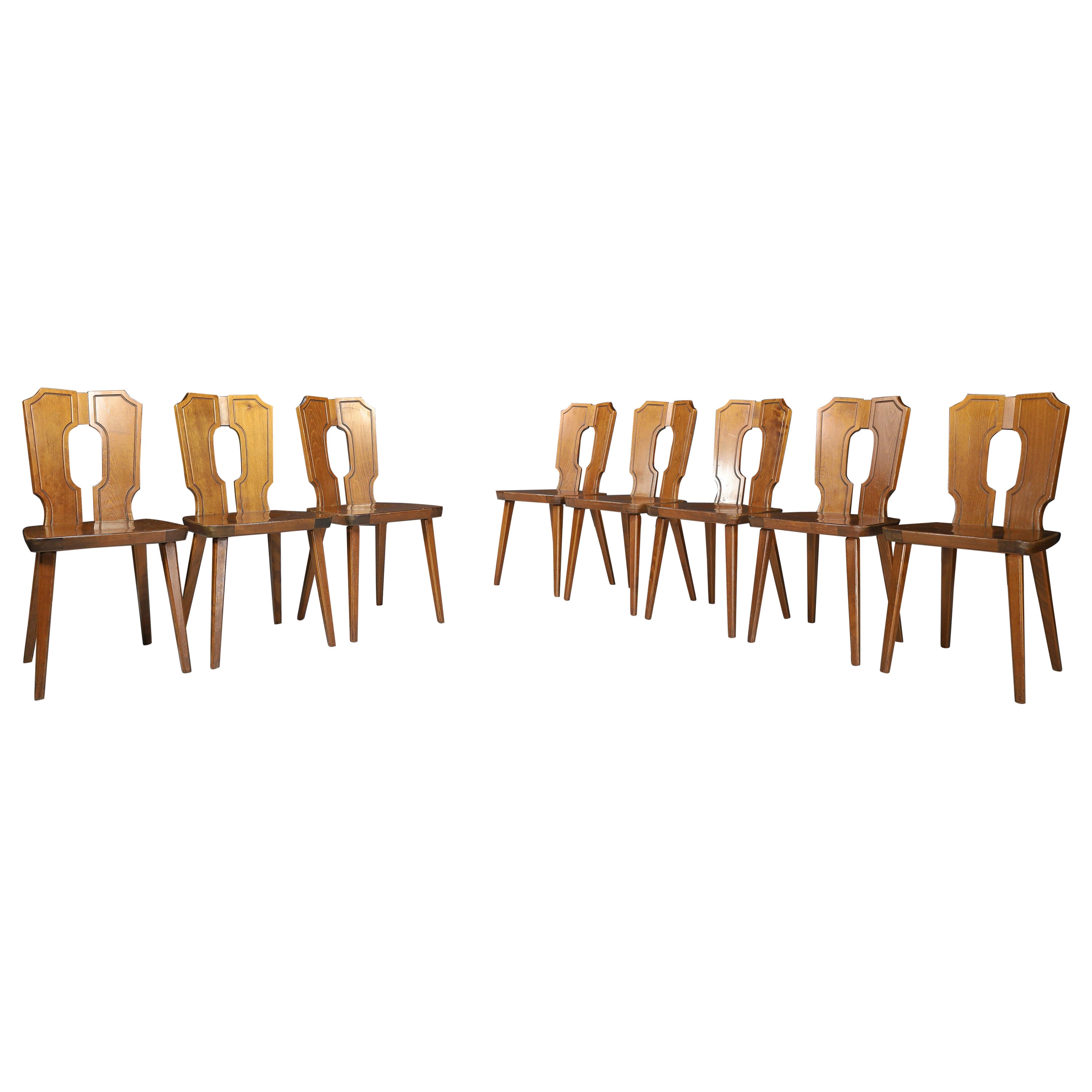 Brutalist Stained Beech Dining Chairs, France 1960s  For Sale
