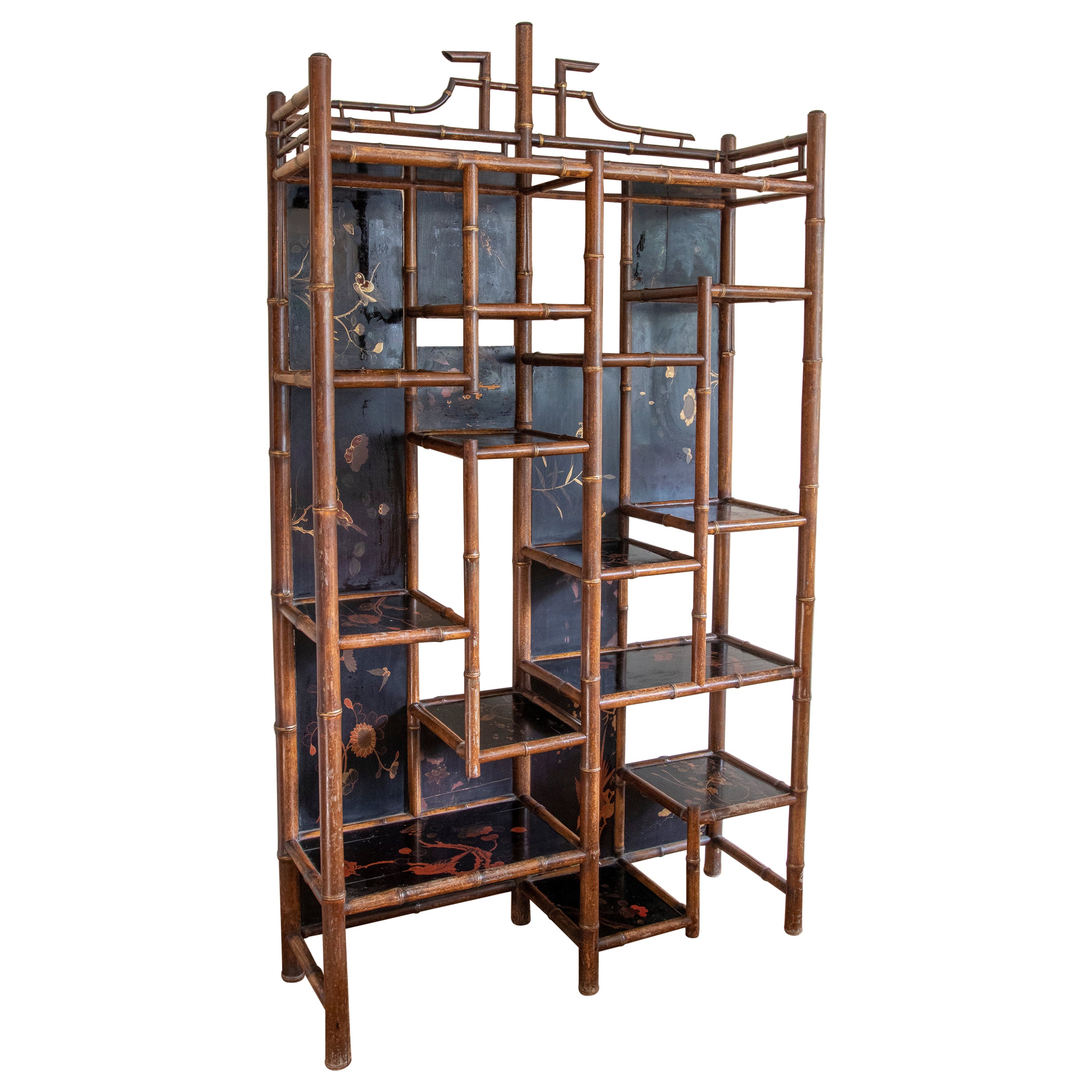 19th Century English Chinoiserie Style Bamboo Bookcase with Lacquered Decoration