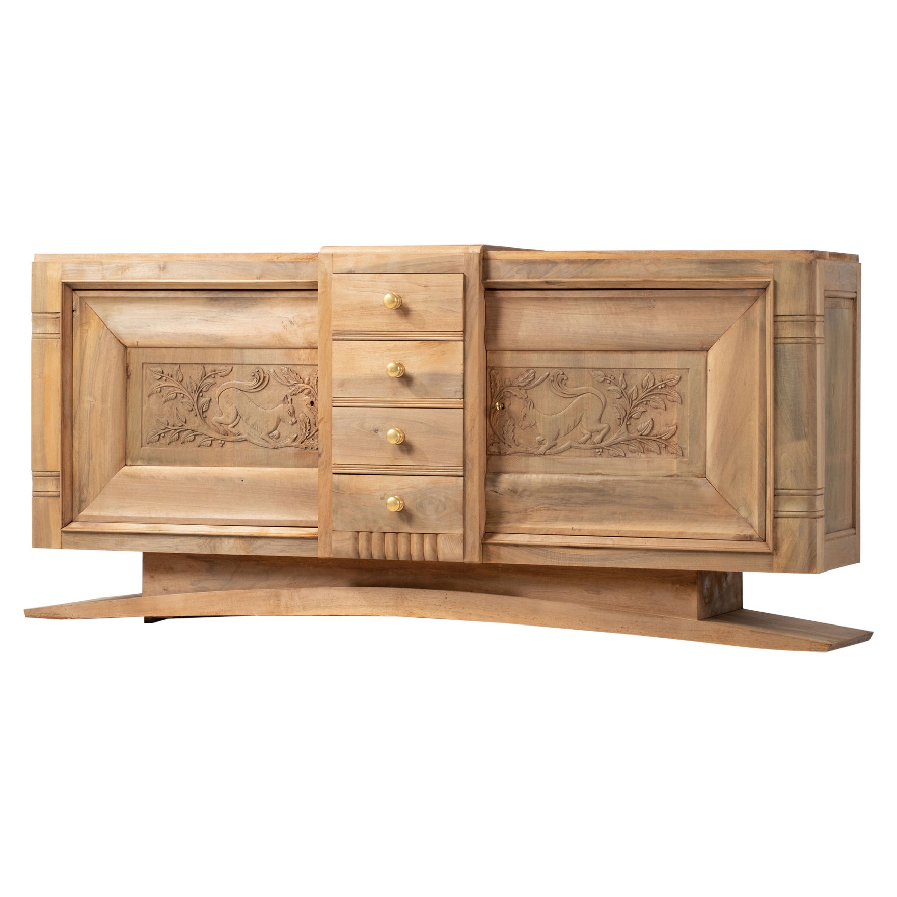 Art Deco Oak Sideboard with Handcarved Doors, France, 1940s For Sale