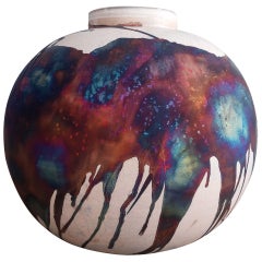 Raaquu Raku Grand vase globe cuit XL de 33 cm S/N0000652 Série Centre de table d'art