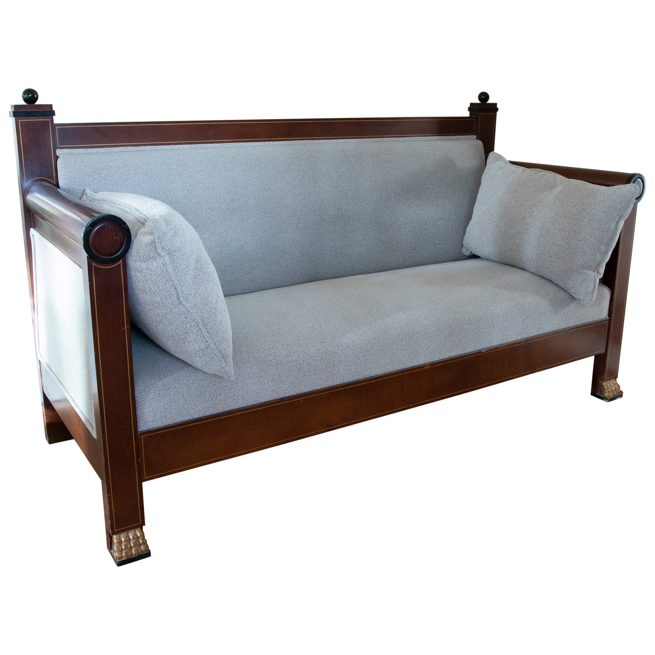 1970s, French Empire Style Mahogany Sofa with Lion Claw Feet For Sale