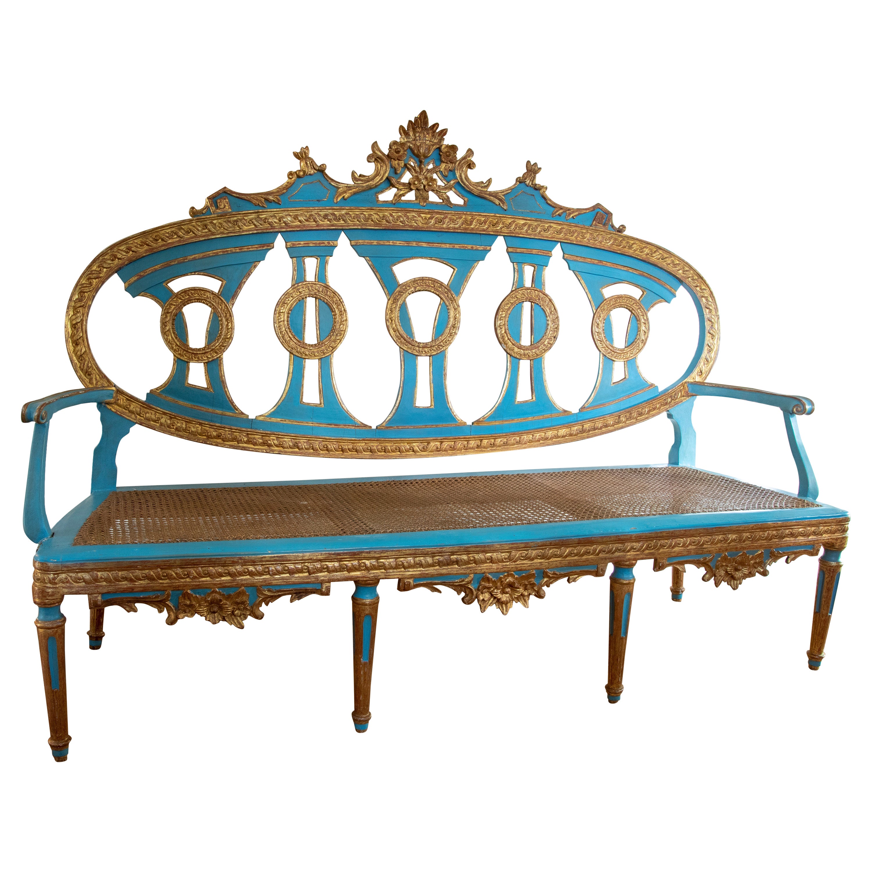 Canapé français du 19ème siècle en bois avec dossier et assise en osier en vente
