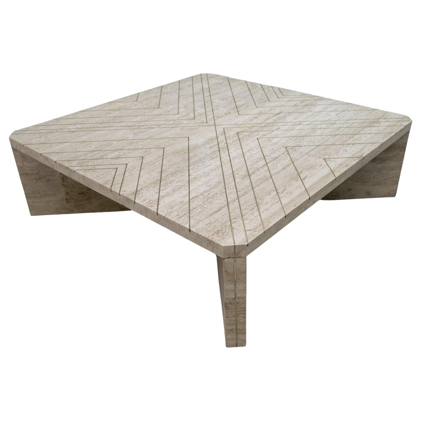 Willy Rizzo Mid-Century Italian Travertine Coffee Table with Brass Inlays, 1970s For Sale