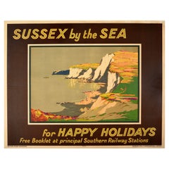 Original Vintage Railway Travel Poster Sussex Sea Happy Holidays Cliffs Beach