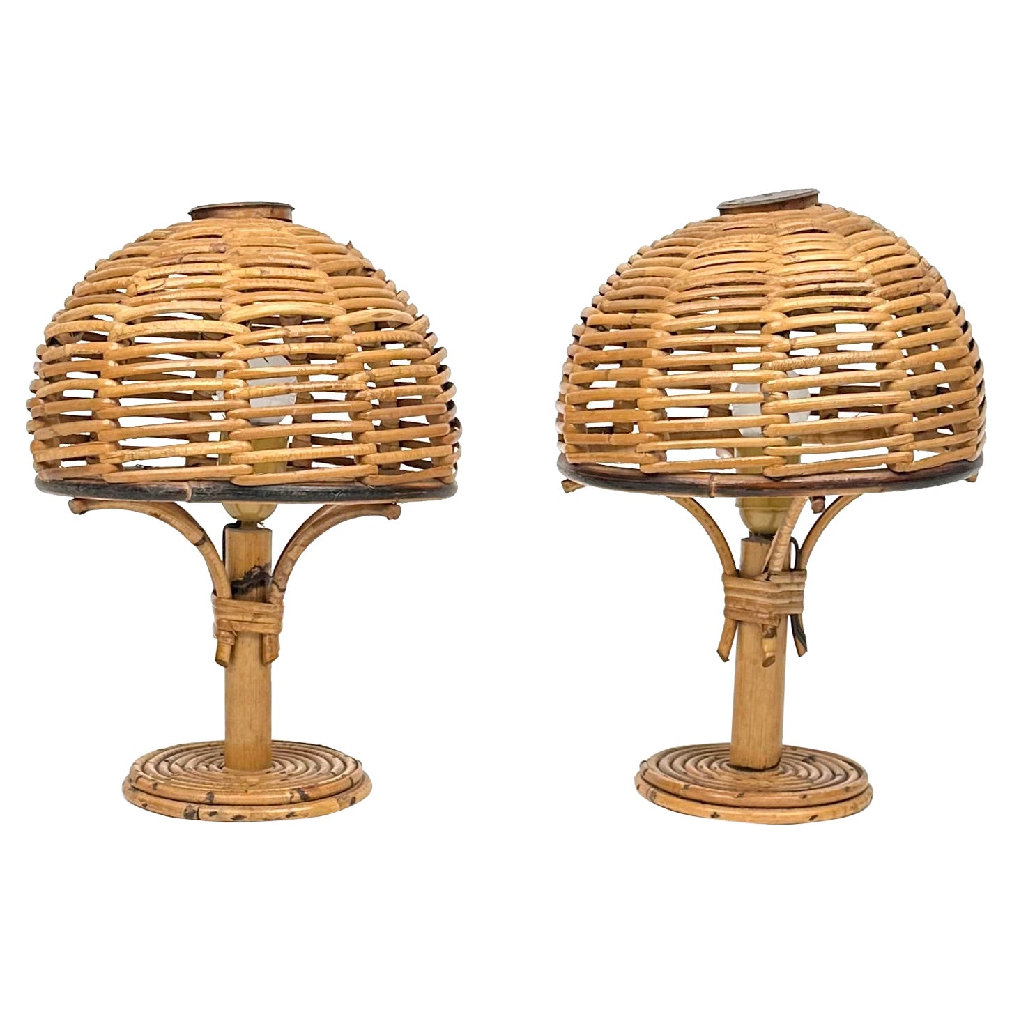 Midcentury Bamboo and Rattan Pair of Table Lamps Louis Sognot Style, Italy 1960s For Sale