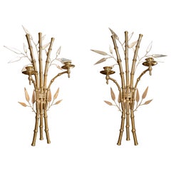 French Pair of Bronze Sconces with Bamboo Leaves Decoration