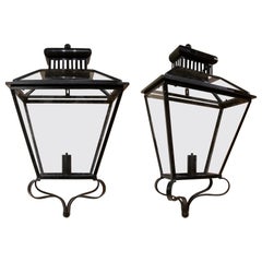 1980s, Spanish, Pair of Iron Wall Lanterns with Crystal Glass