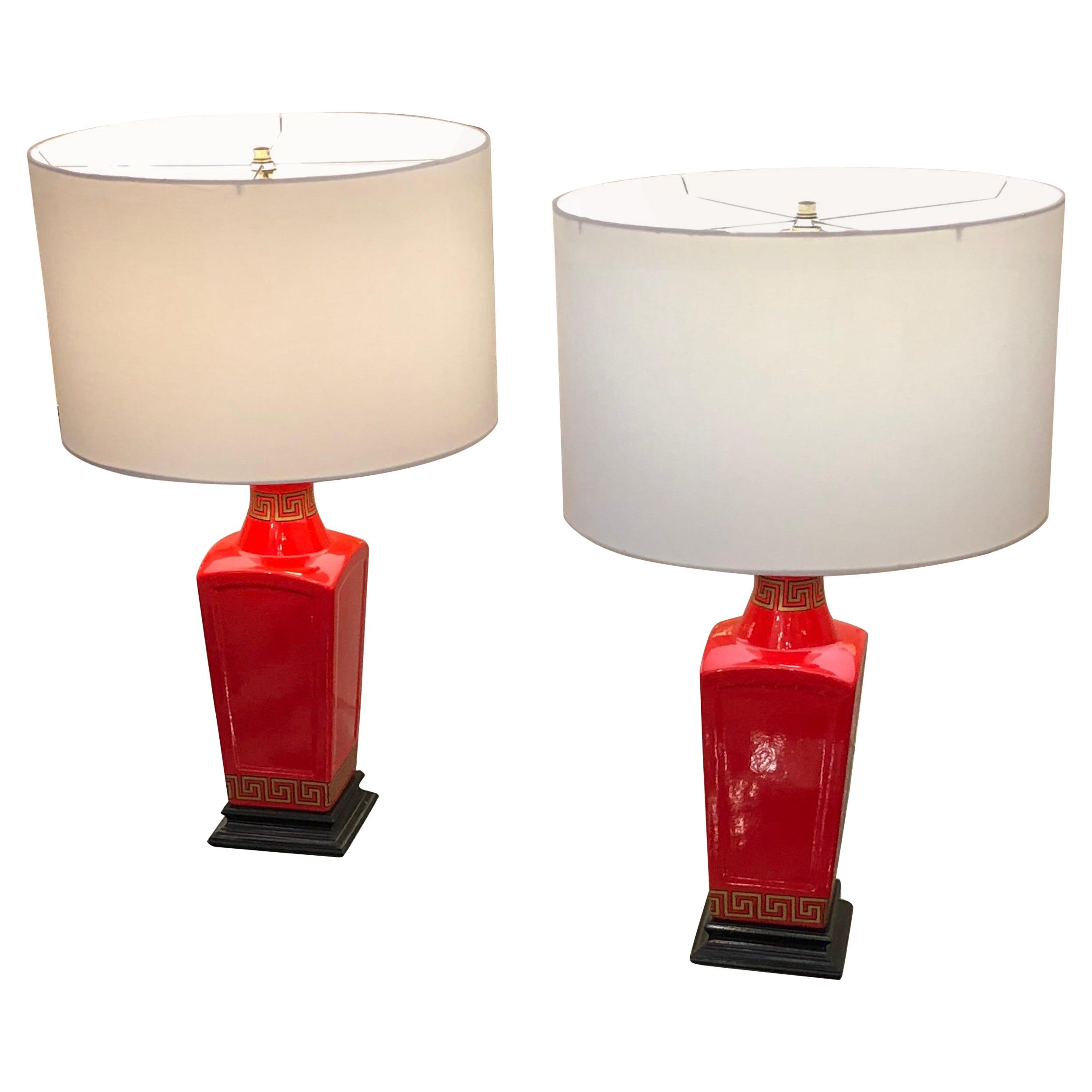 Eye Popping Hollywood Regency Pair Red Gold & Black Table Lamps with Greek Key For Sale