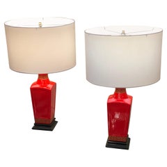 Retro Eye Popping Hollywood Regency Pair Red Gold & Black Table Lamps with Greek Key