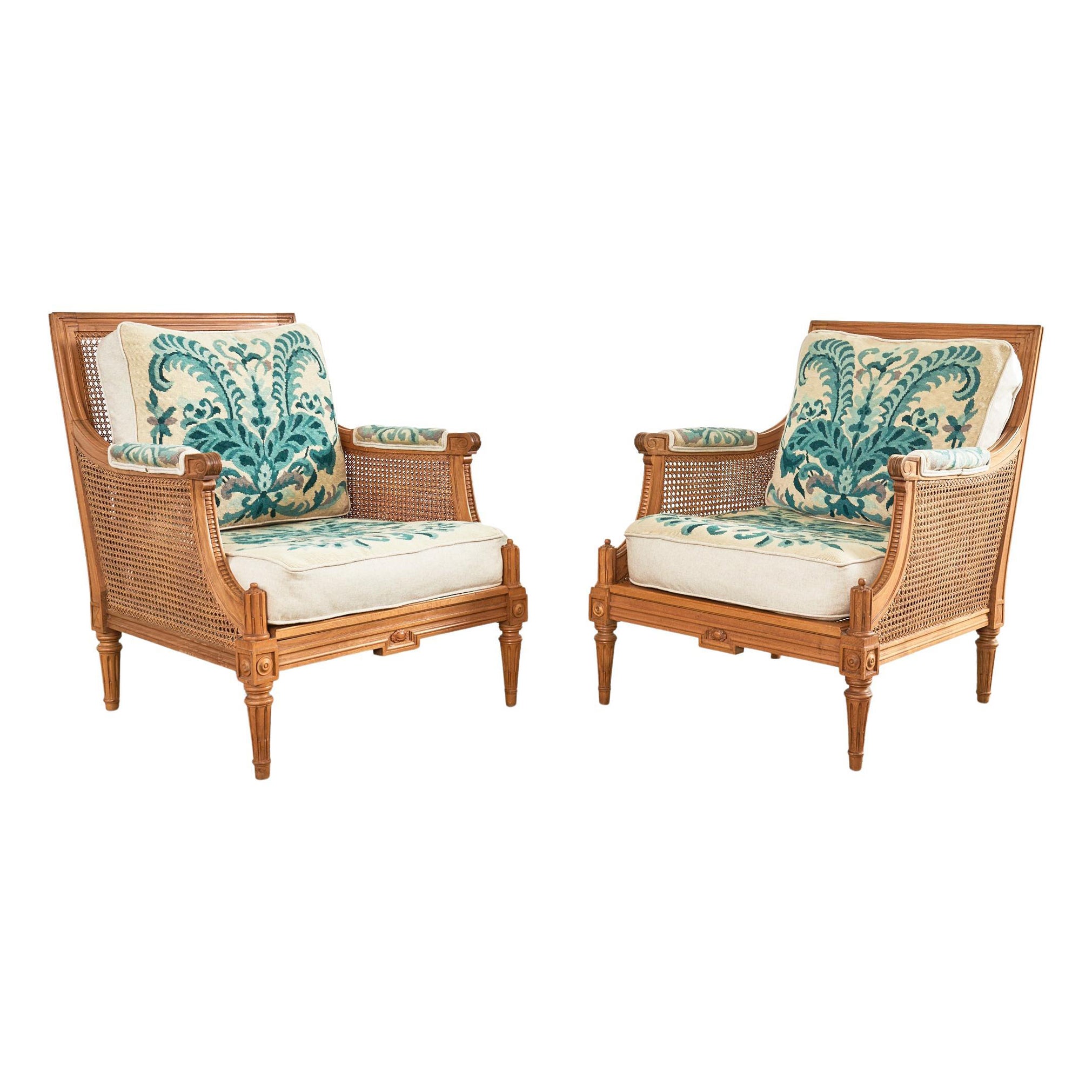 Pair of Louis XVI Style Walnut Caned Needlepoint Lounge Chairs For Sale