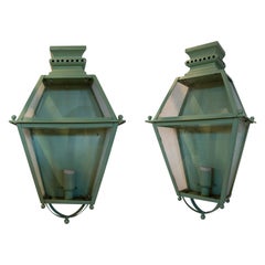 1970s Pair of  Green Painted Iron Wall Lanterns