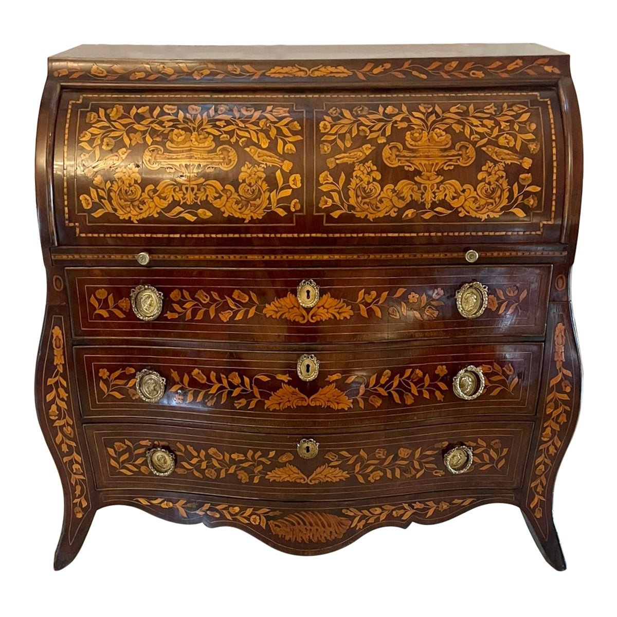 Antique 18th Century Quality Mahogany Floral Marquetry Inlaid Cylinder Bureau For Sale