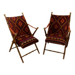 Pair of Leather Folding Chairs with Hand-Stitched Kilim Seat and Backrest