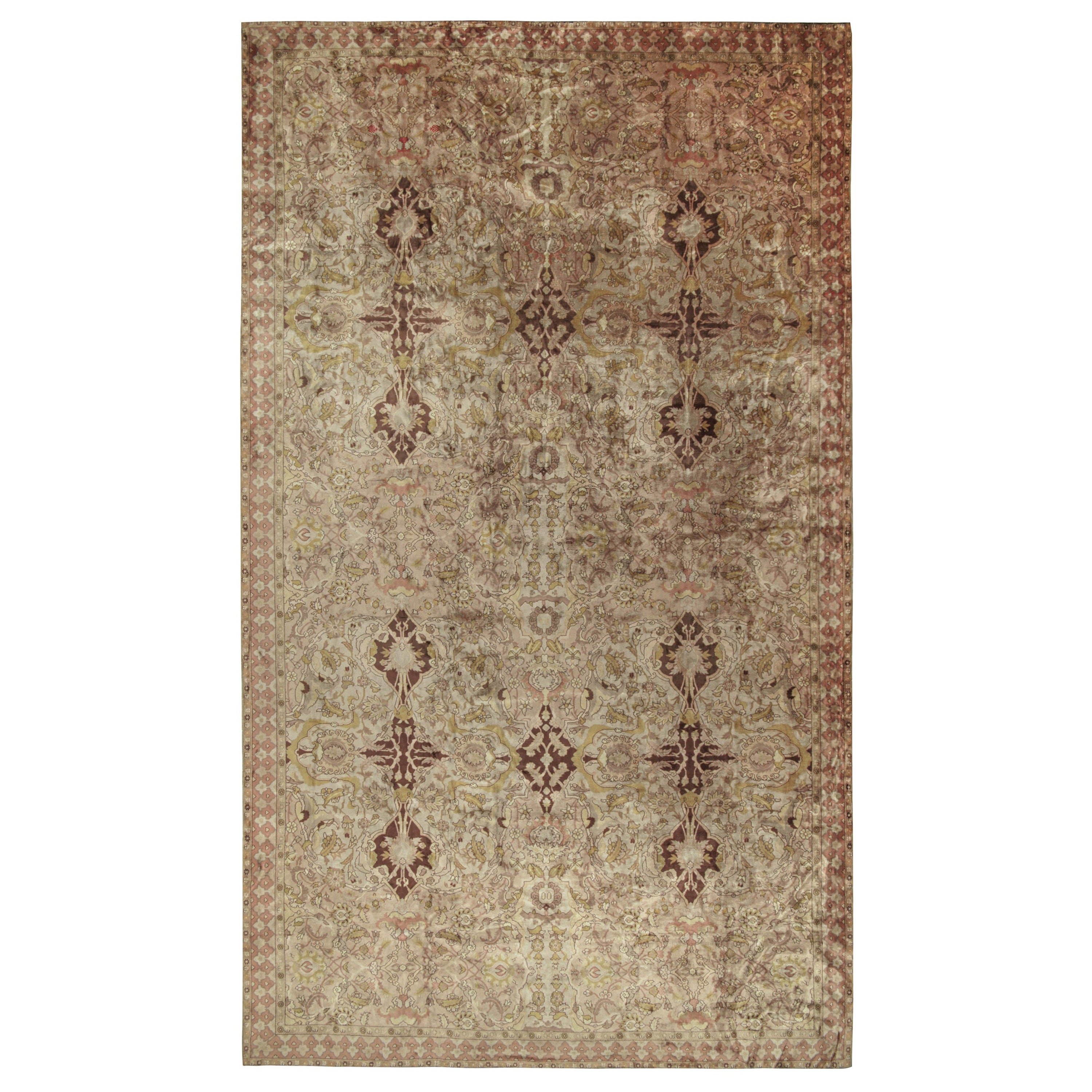Antique Polonaise Palace Rug in Pink, Beige-Brown and Gold Floral Pattern For Sale
