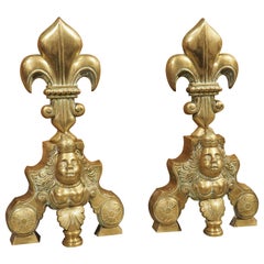 Antique Pair of 19th Century French Brass Fleur De Lys Chenets