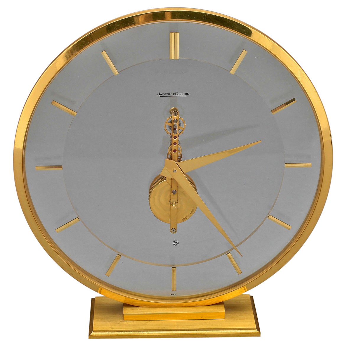 Mid-Century Modern Horloge squelette rare en plexiglas et laiton de Jeager Lecoultre. Mouvement 8 jours. Marqué en vente