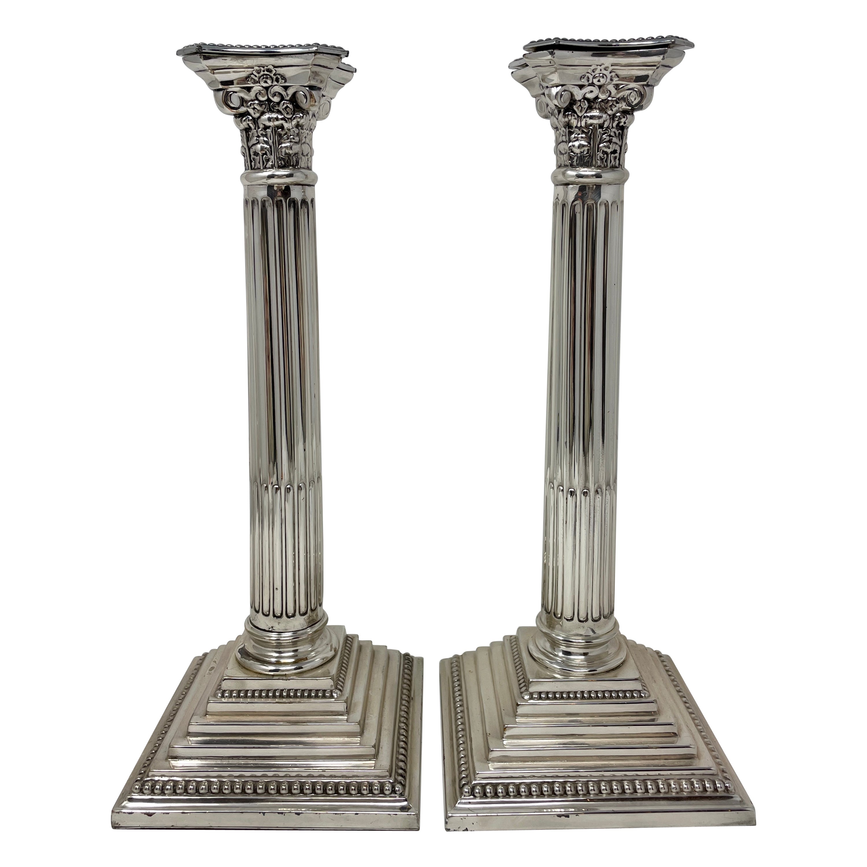 Pair Antique Corinthian Silver Plated Candlesticks