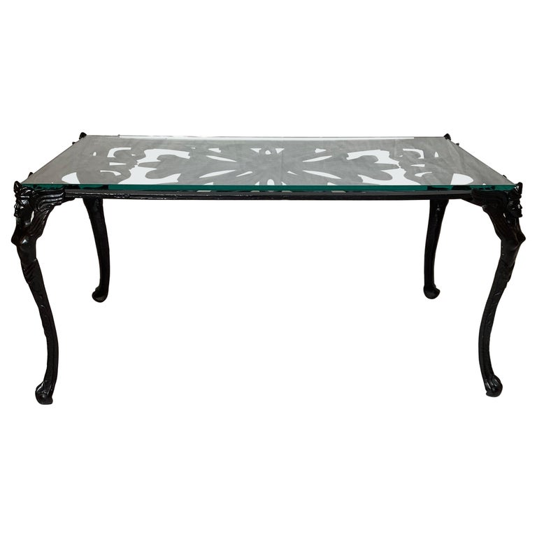 Cast Iron Coffee Table with Glass Top and Winged Woman on Corners For