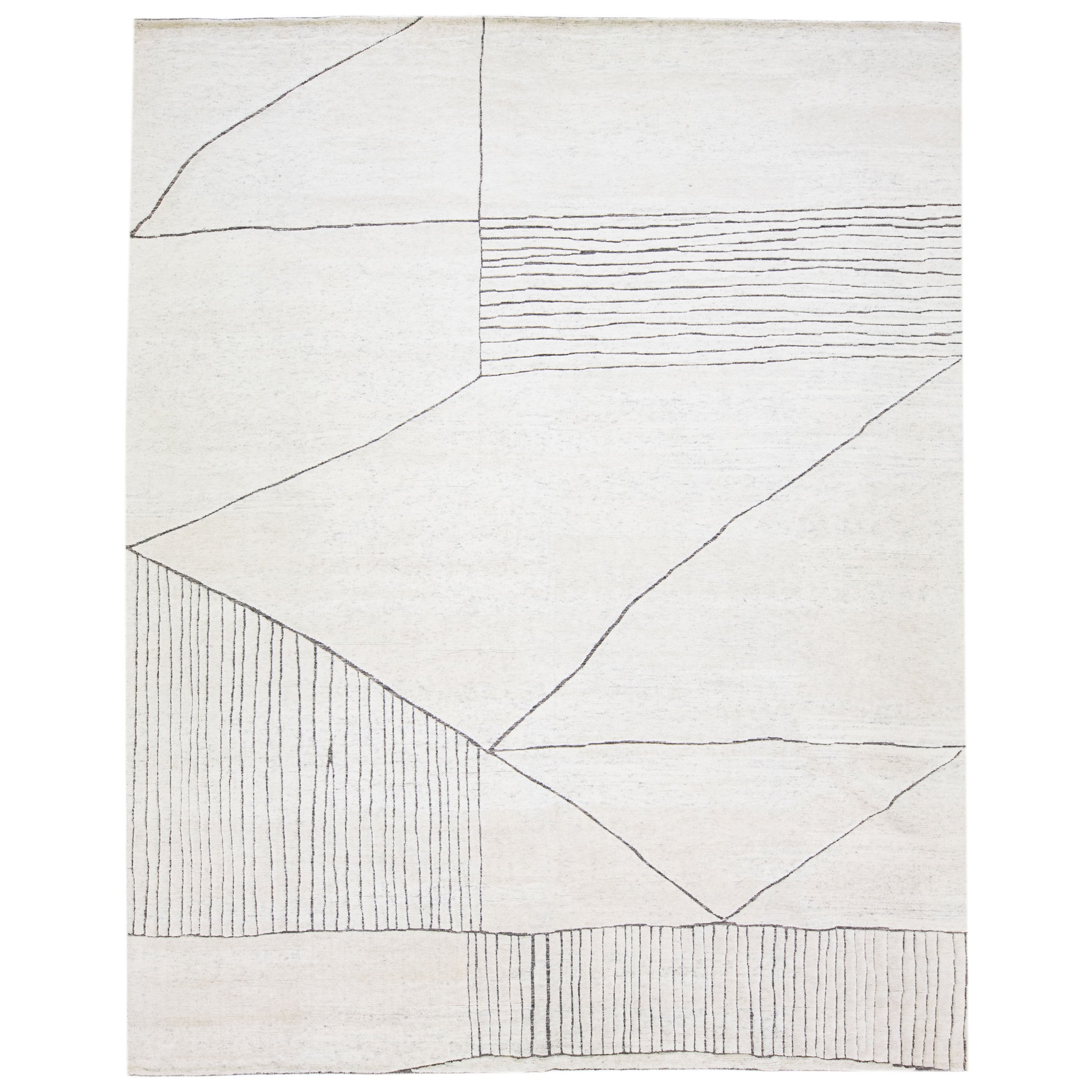 Ivory Modern Moroccan Style Wool Rug with Abstract Design by Apadana For Sale