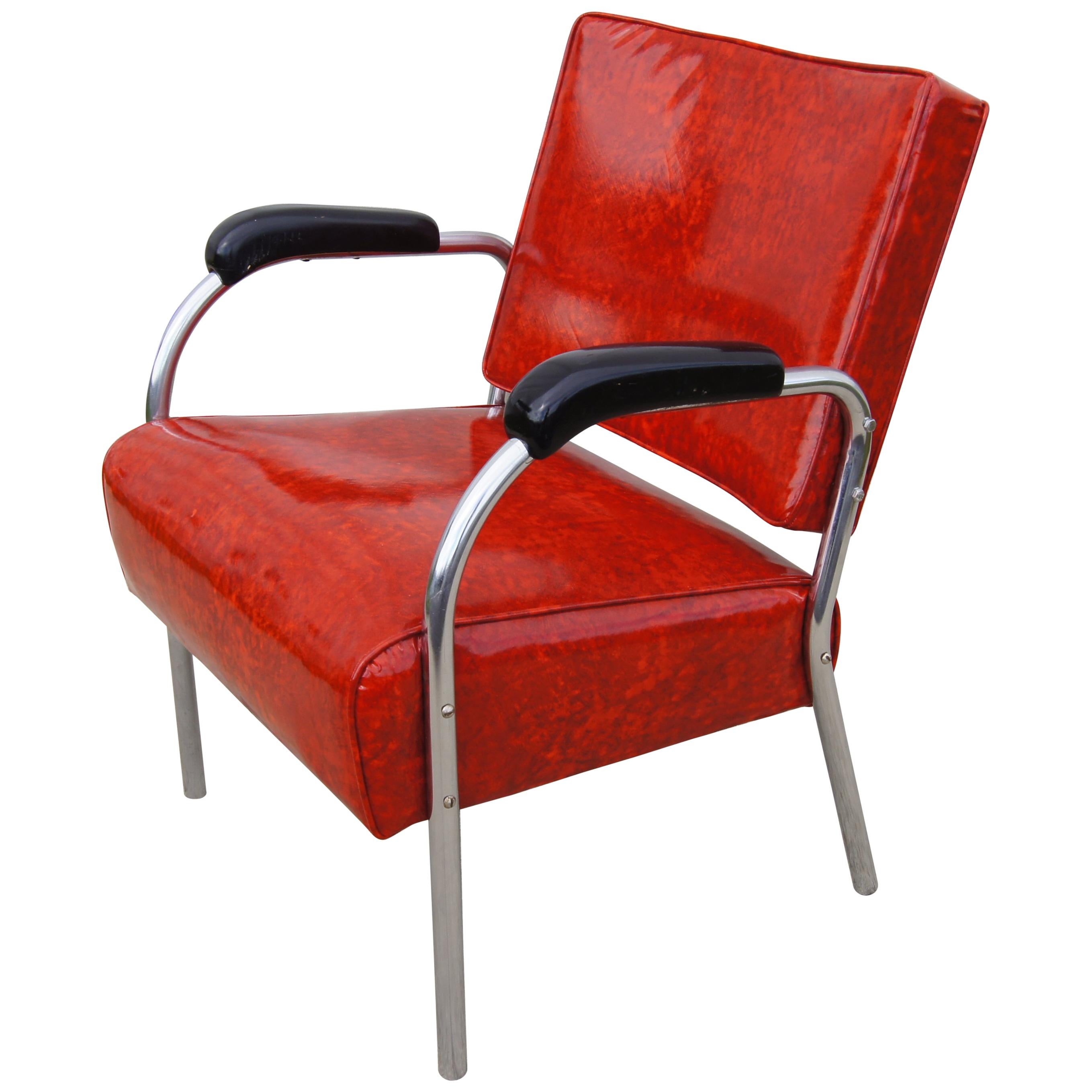 Tubular Chrome and Red Naugahyde 1940s Moderne Armchair For Sale