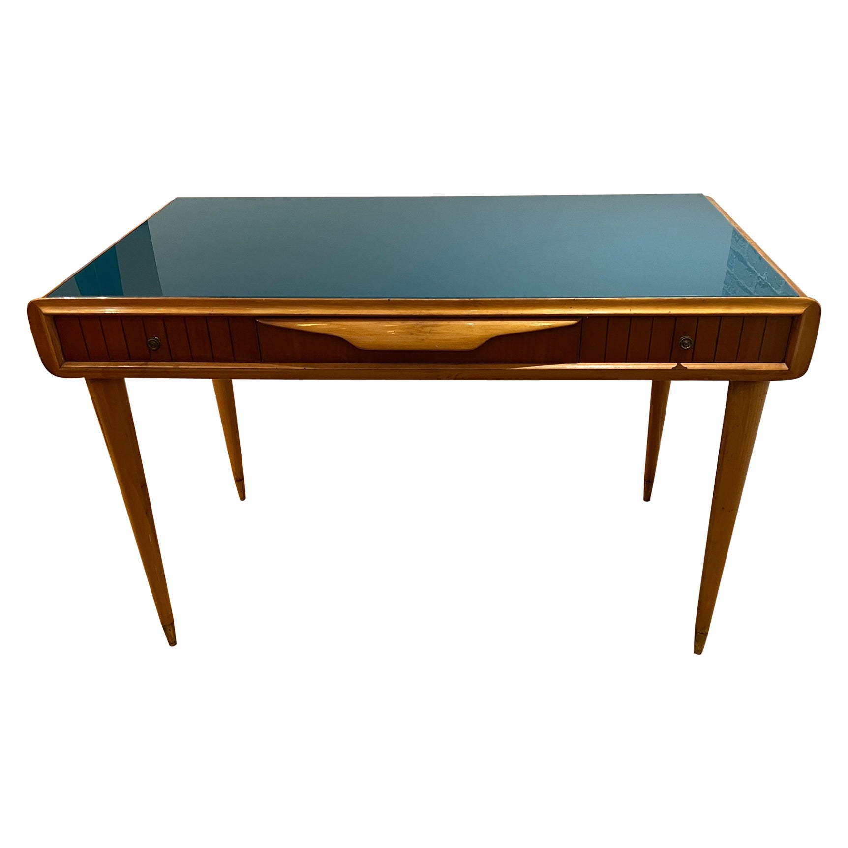 Small desk/ vanity table with blue glass top 
