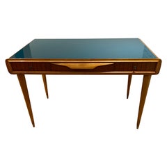 Retro Small desk/ vanity table with blue glass top 