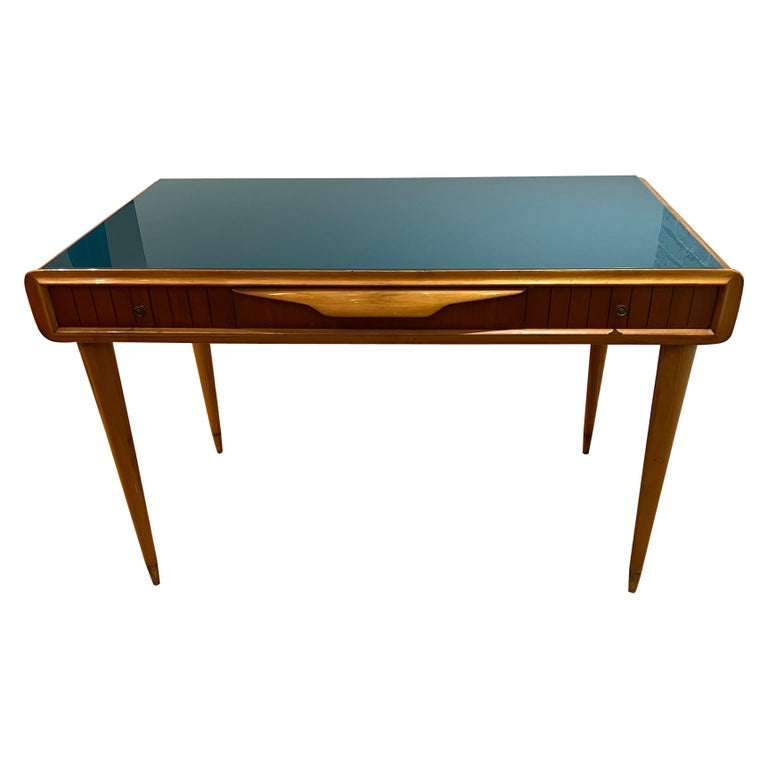 Small desk/ vanity table with blue glass top For Sale at 1stDibs