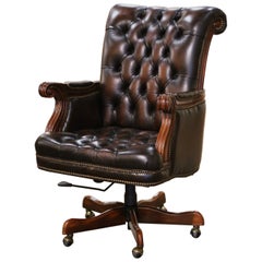 Vintage Adjustable and Swivel Executive Office Desk Armchair with Tufted Leather