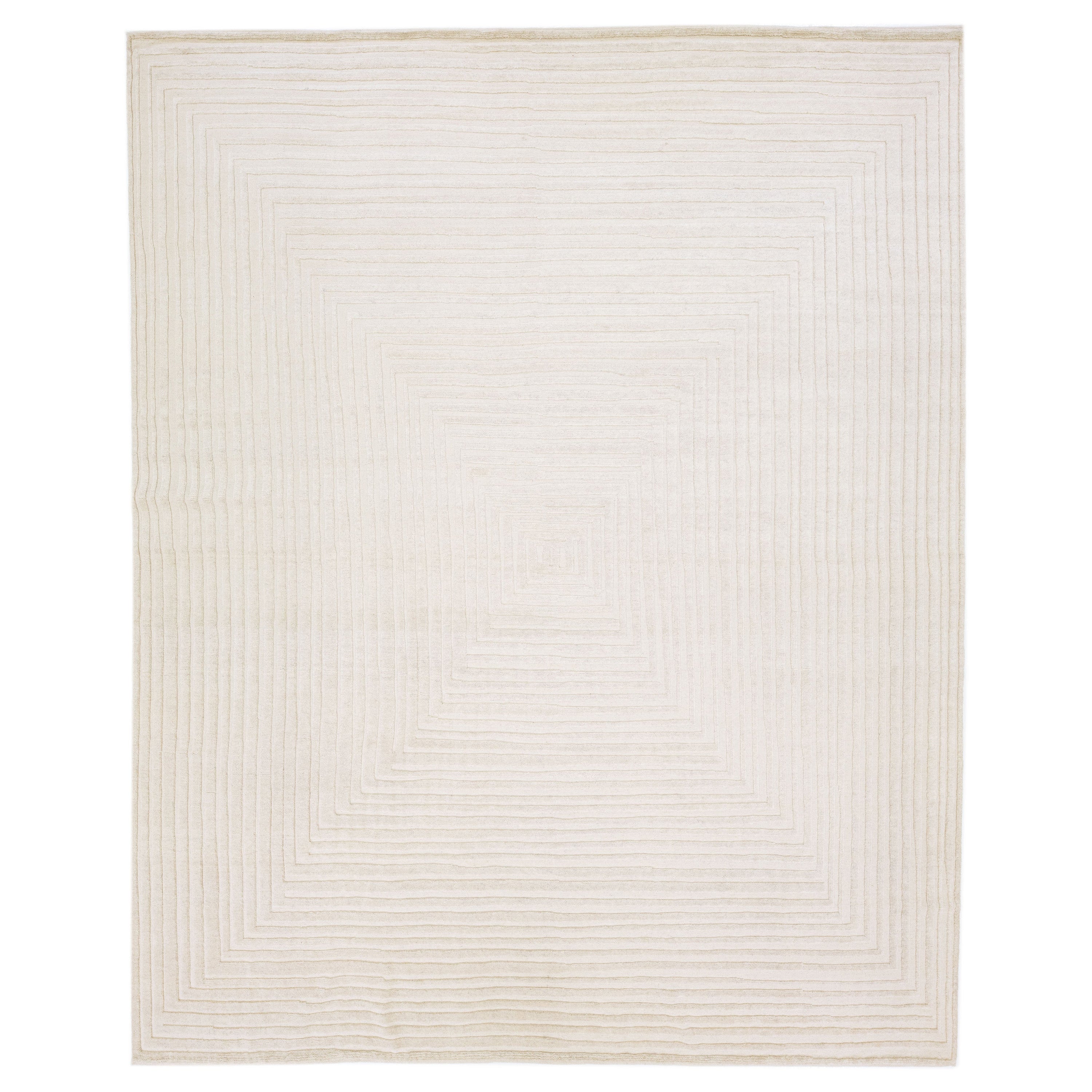 Ivory Modern Moroccan Style Oversize Wool Rug With Op Art Design by Apadana