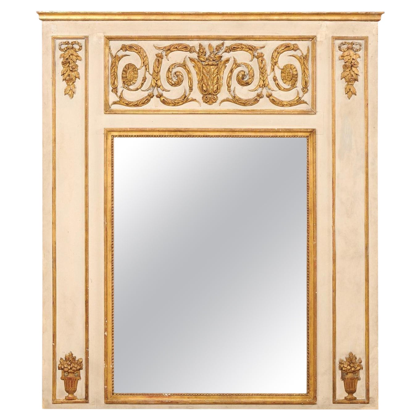 French Neoclassical Large-Sized Overmantel Mirror w/Gilt Accents For Sale