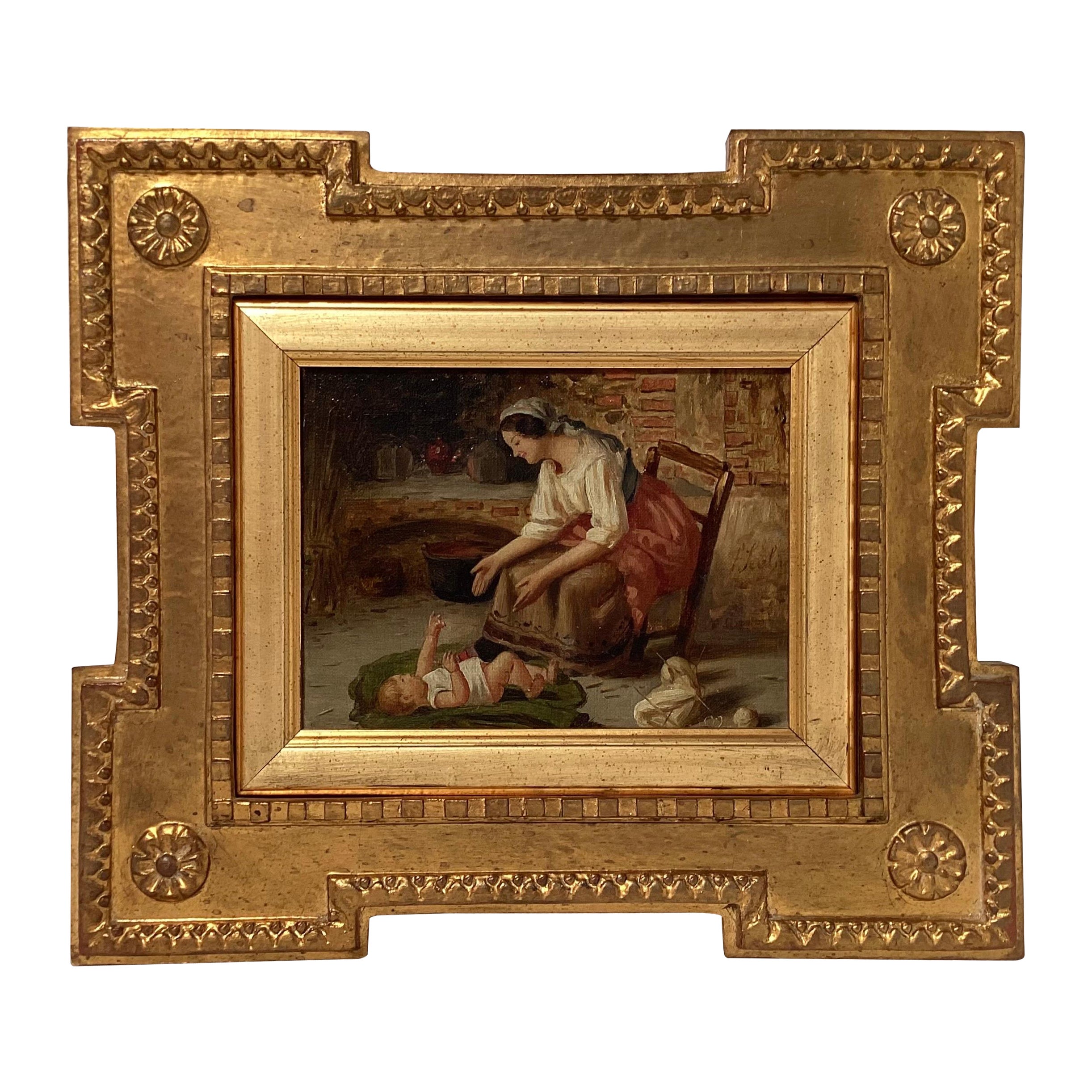 Ein Ölgemälde auf Leinwand, Mutter und Kind, 19. Jahrhundert. im Angebot