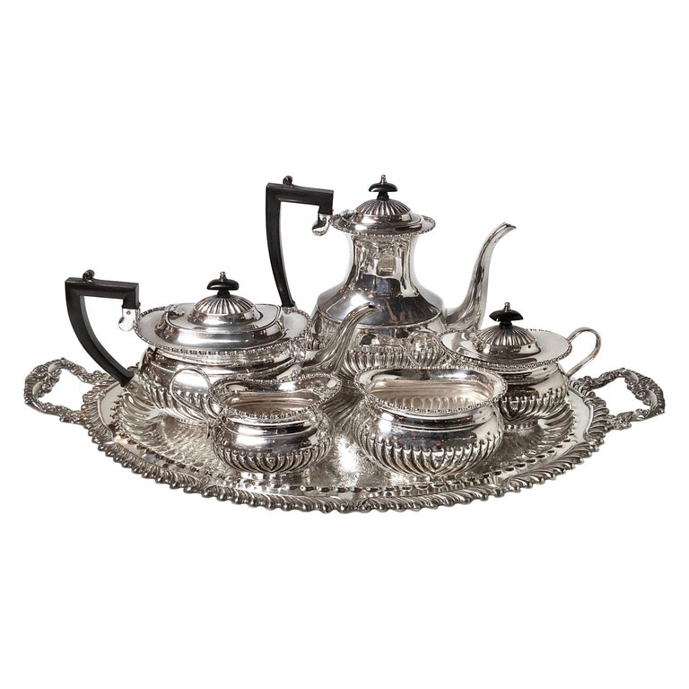 English Sheffield Plate Queen Ann Tea Service Including Tray For Sale