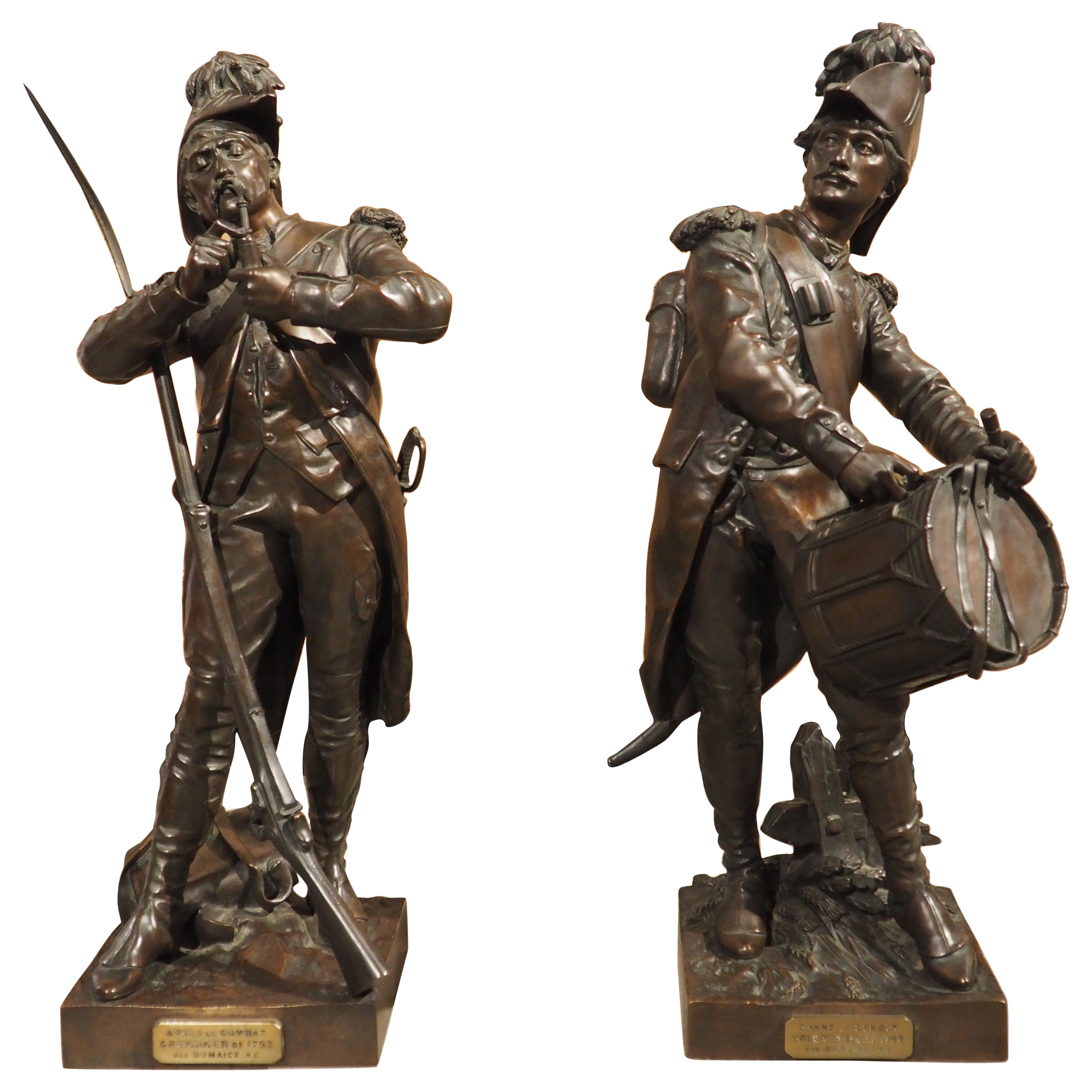 Paire de soldats français en bronze du 19e siècle, avant et après le combat, H. Dumaige