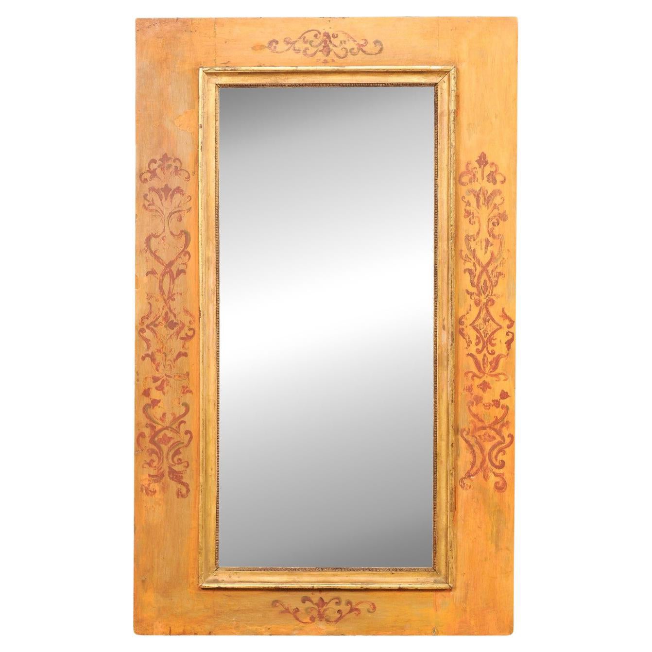 18th C. Italian Rectangular Mirror with Hand-Painted Wood Surround For Sale