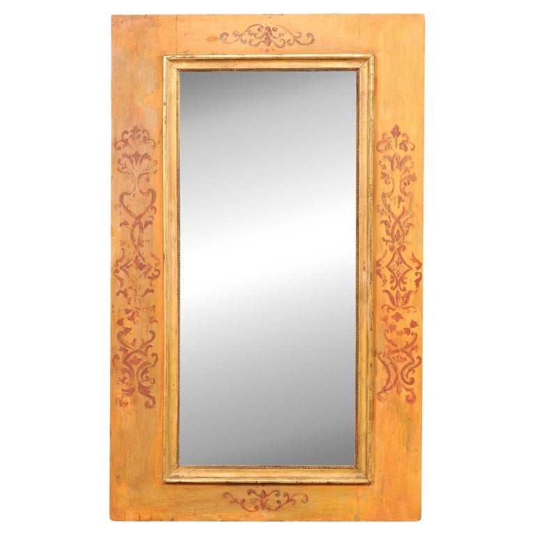18th C. Italian Rectangular Mirror with HandPainted Wood Surround For