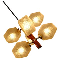 Temde 6-Light Pendant Lamp Chandelier Teak Glass Metal 60s