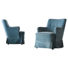Danish Peter Hvidt Attributed Pair Lounge Chairs in Light Blue Mohair
