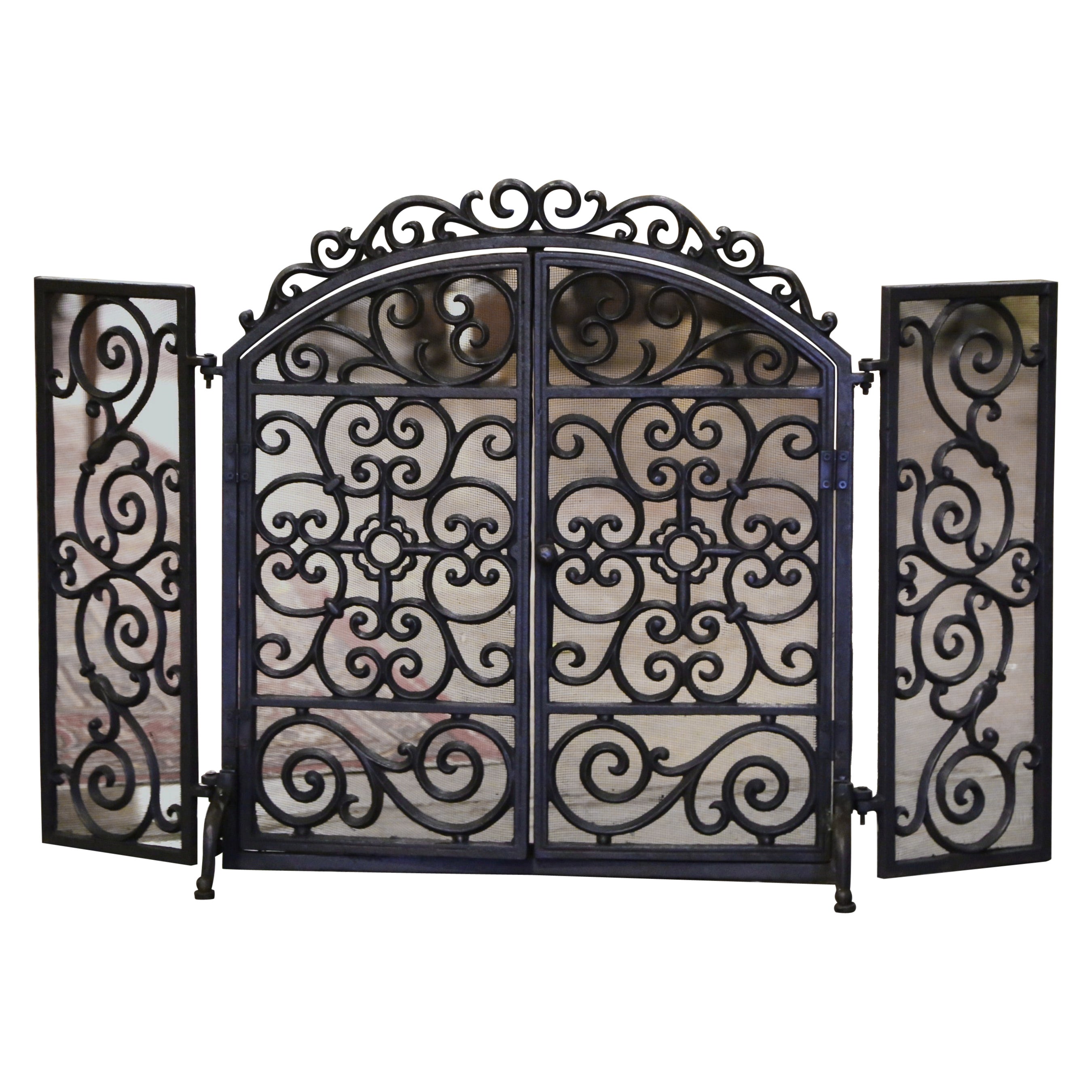 19th Century French Gothic Iron and Mesh Double-Door Fireplace Screen  For Sale