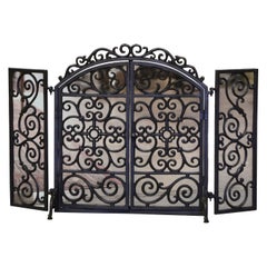 19th Century French Gothic Iron and Mesh Double-Door Fireplace Screen 