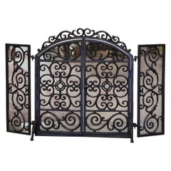 Vintage 19th Century French Gothic Iron and Mesh Double-Door Fireplace Screen 