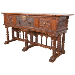 Antique Berkey & Gay English Jacobean Ornate Carved Walnut Sideboard, 1920s