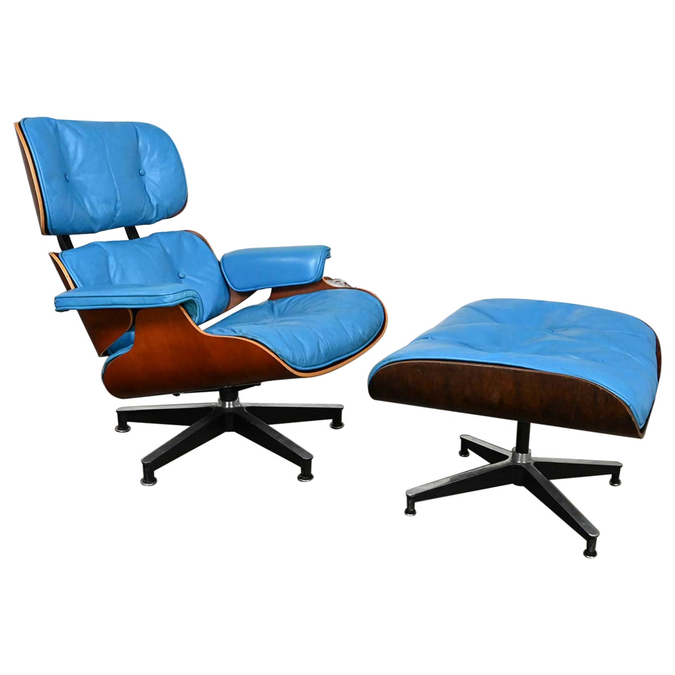 Eames 670 Lounge Chair 671 Ottoman Blue Leather Walnut Rosewood Herman Miller